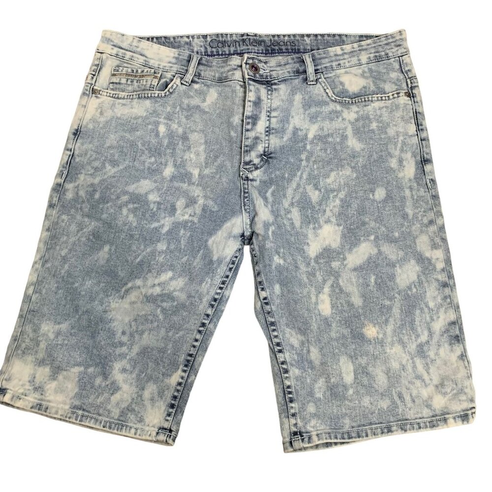 CK Calvin Klein Button Fly Denim Shorts 36 Acid Wash Blue 5 Pocket Mid Rise